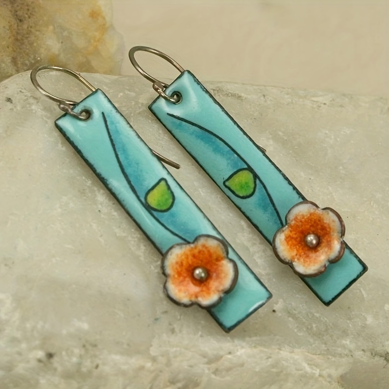 Floral Enamel Earrings Sky & Orange Dangle